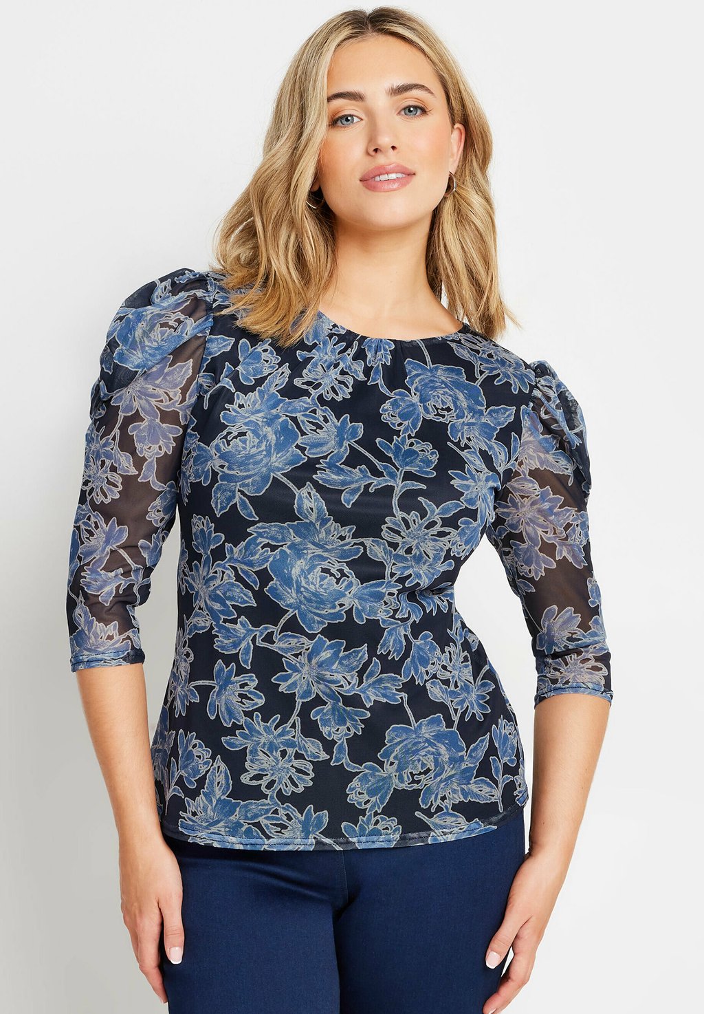 Блуза FLORAL PRINT RUCHED SLEEVE M&Co, темно-синий 
Блуза FLORAL PRINT RUCHED SLEEVE M&Co, темно-синий