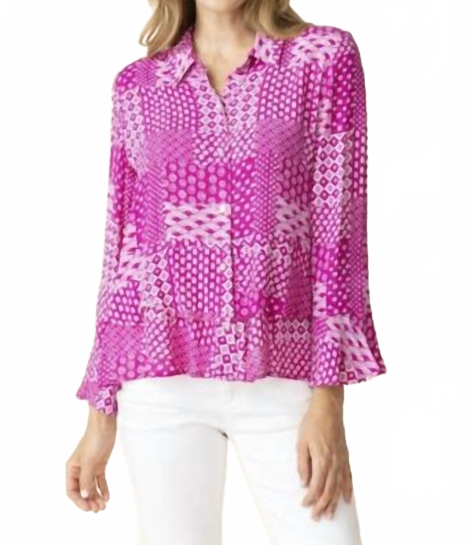 Фуксиевая блузка с рюшами и принтом пэчворк Habitat, фуксия 
Фуксиевая блузка с рюшами и принтом пэчворк Habitat, фуксия