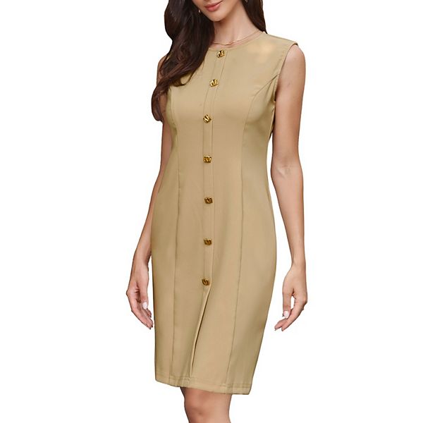 Женское платье без рукавов с декором на пуговицах спереди для офиса Inspire Chic, Khaki
Женское платье без рукавов с декором на пуговицах спереди для офиса Inspire Chic, Khaki