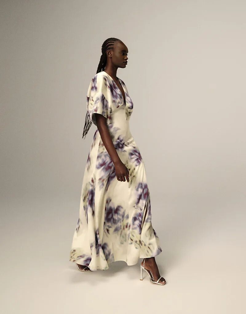 Современное атласное платье ARRANGE в стиле 30-х годов с подплечниками и размытым цветочным принтом