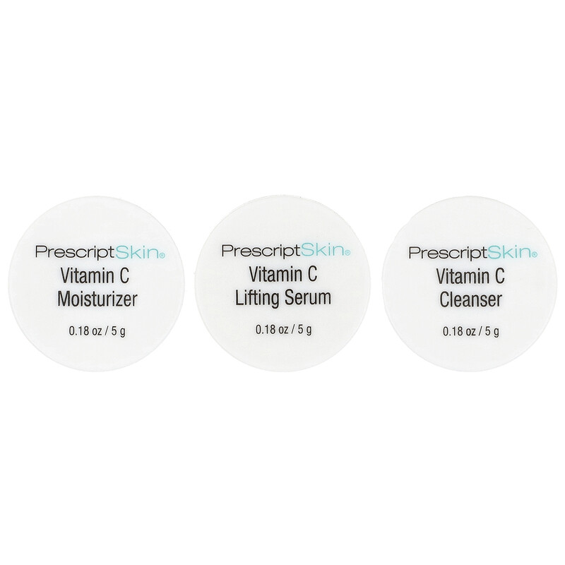 PrescriptSkin, набор миниатюр с витамином C, 3 профессиональных средства для улучшения цвета кожи, 3 баночки по 5 г (0,18 унции) 
PrescriptSkin, набор миниатюр с витамином C, 3 профессиональных средства для улучшения цвета кожи, 3 баночки по 5 г (0,18 унции)