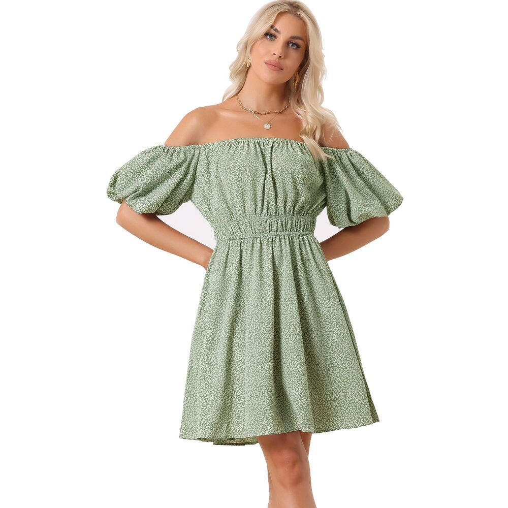 Женские платья с открытыми плечами, повседневное мини-платье с пышными рукавами и цветочным принтом ALLEGRA K, зеленый 
Женские платья с открытыми плечами, повседневное мини-платье с пышными рукавами и цветочным принтом ALLEGRA K, зеленый