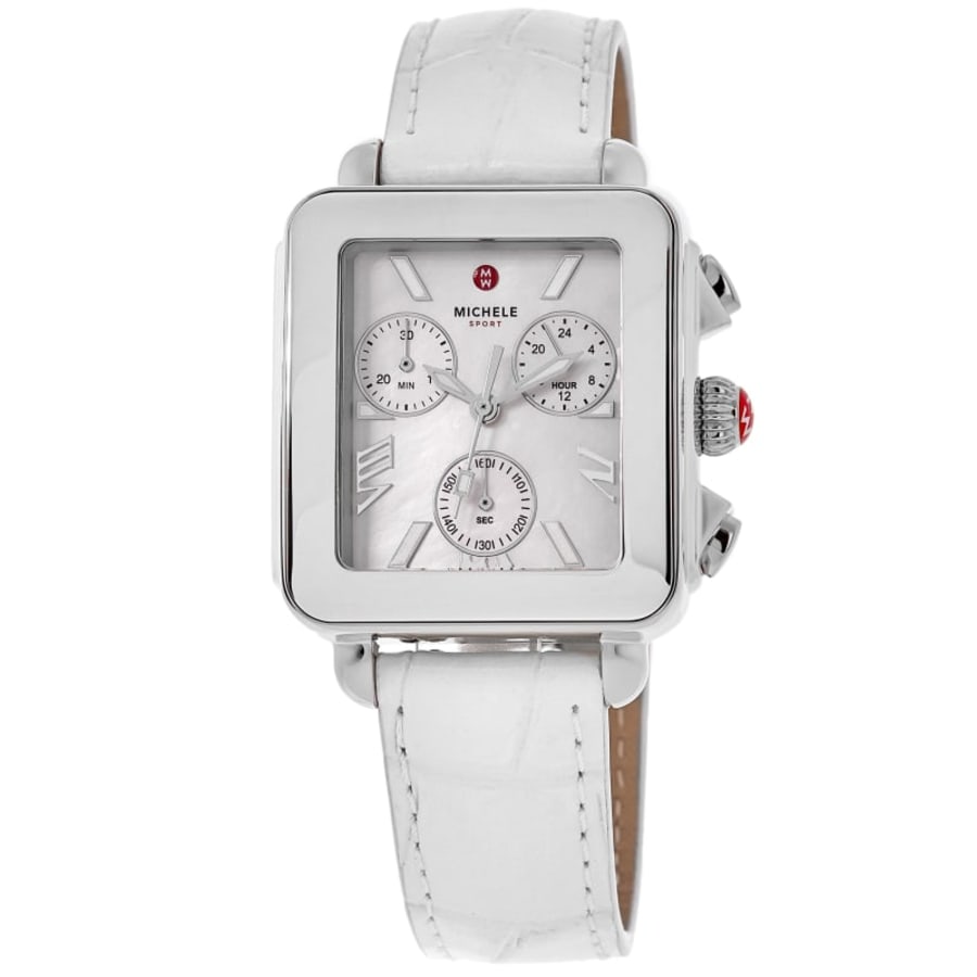 Женские часы Michele Deco Sport Quartz Chronograph с перламутровым циферблатом и белым кожаным ремешком
Женские часы Michele Deco Sport Quartz Chronograph с перламутровым циферблатом и белым кожаным ремешком