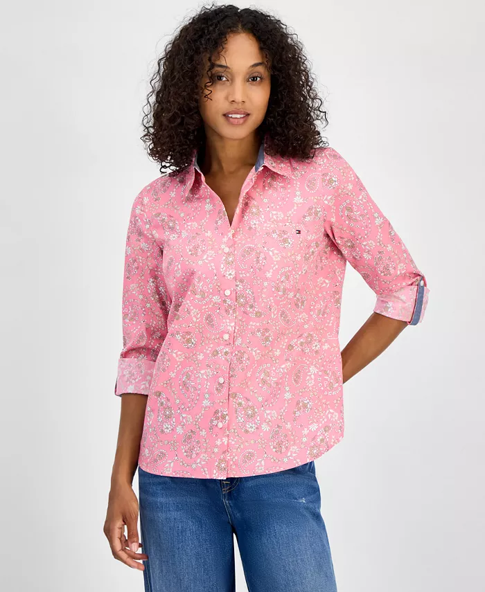 Женская хлопковая рубашка в цветочек в клетку Tommy Hilfiger, розовый 
Женская хлопковая рубашка в цветочек в клетку Tommy Hilfiger, розовый