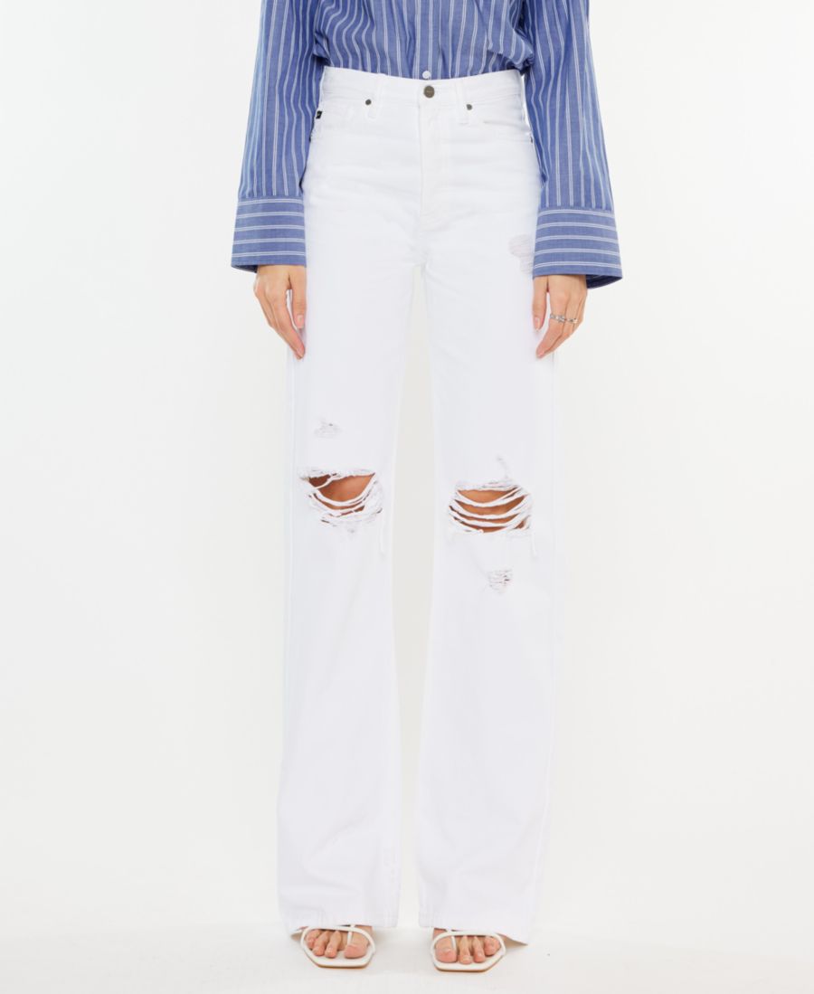 Женские джинсы-клеш с ультравысокой посадкой и эффектом потертости в стиле 90-х Kancan, White
Женские джинсы-клеш с ультравысокой посадкой и эффектом потертости в стиле 90-х Kancan, White