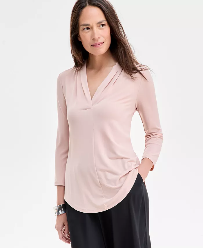 Женский однотонный трикотажный топ с рукавами 3/4 и V-образным вырезом, P/P-4X JM Collection 
Женский однотонный трикотажный топ с рукавами 3/4 и V-образным вырезом, P/P-4X JM Collection