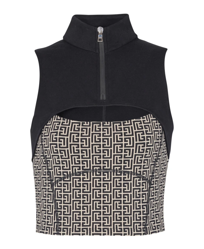 Спортивный топ с монограммой и жаккардовым узором Balmain, черный
Спортивный топ с монограммой и жаккардовым узором Balmain, черный