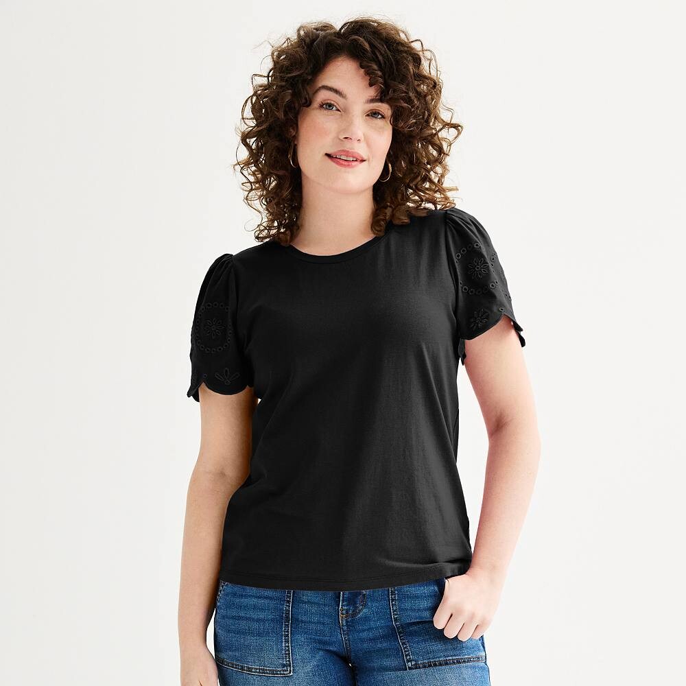 Женский трикотажный топ с вышитыми рукавами Draper James, черный
Женский трикотажный топ с вышитыми рукавами Draper James, черный