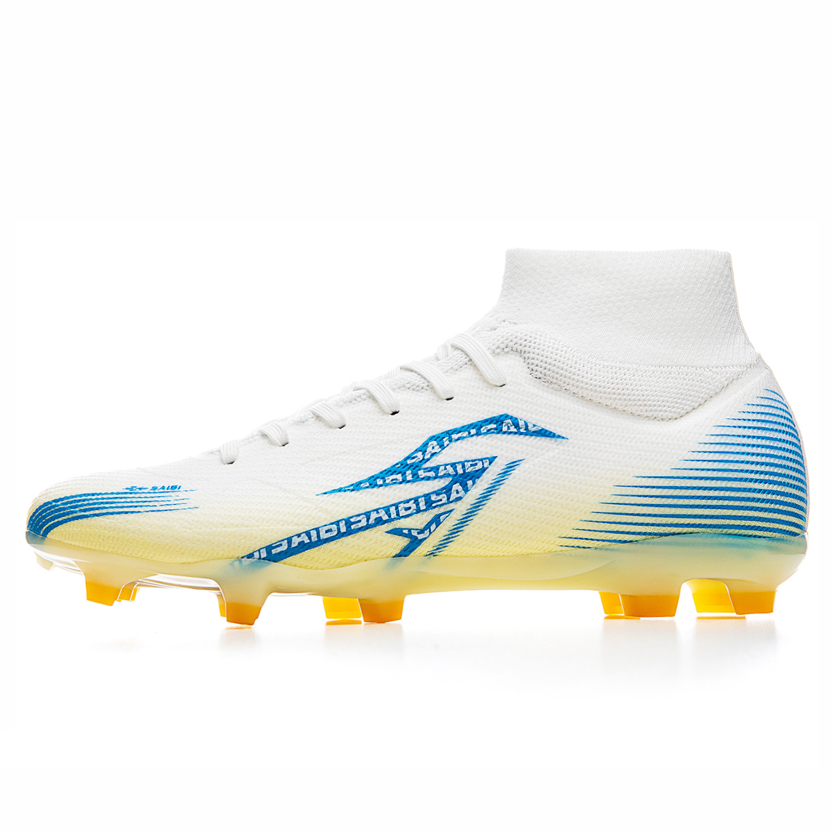 Saibi Унисекс футбольные бутсы высокие белые с синими и золотыми вставками с длинными шипами, цвет White Blue Gold Long Stud
Saibi Унисекс футбольные бутсы высокие белые с синими и золотыми вставками с длинными шипами, цвет White Blue Gold Long Stud
