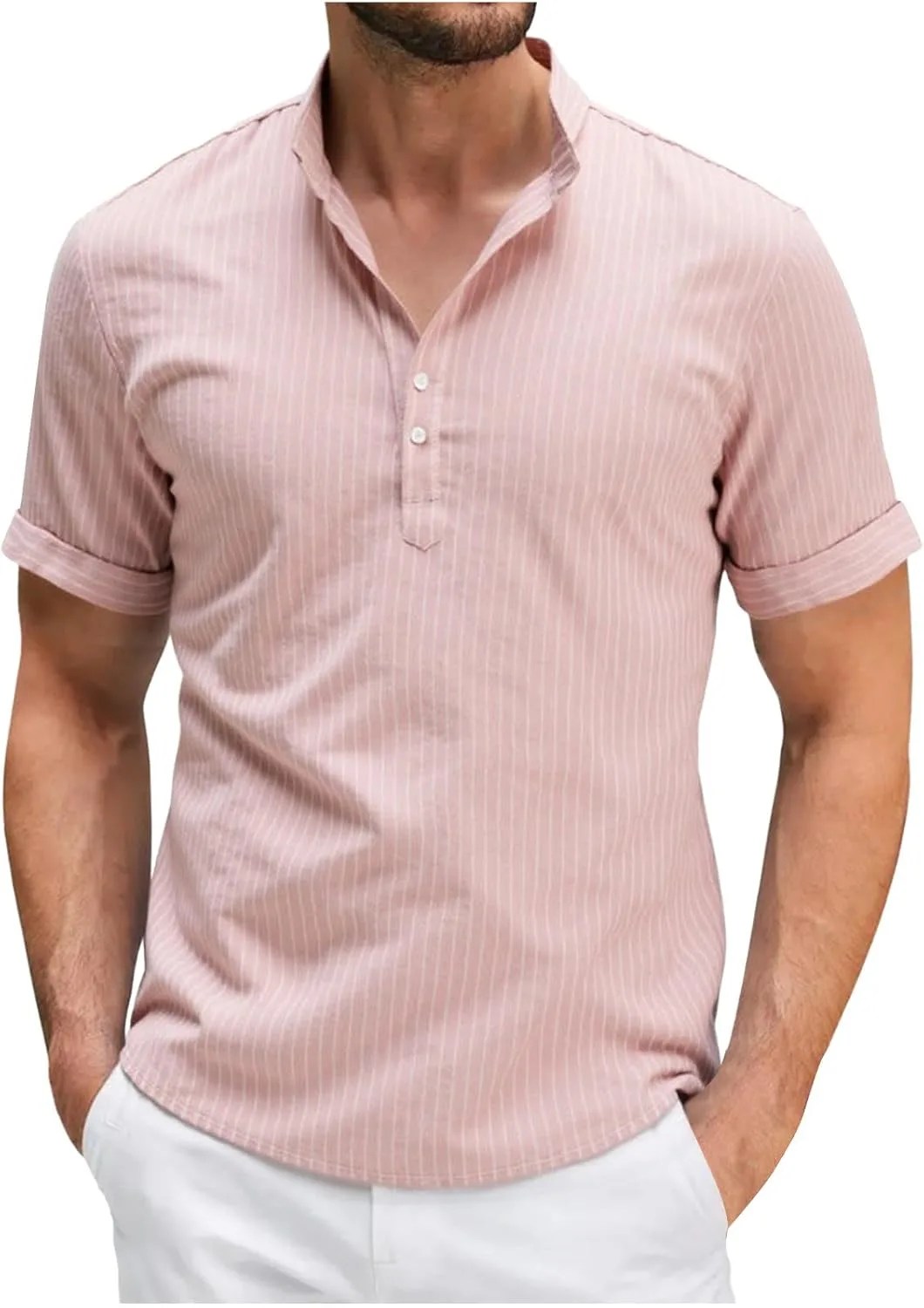 Мужская льняная полосатая футболка henley с коротким рукавом
Мужская льняная полосатая футболка henley с коротким рукавом