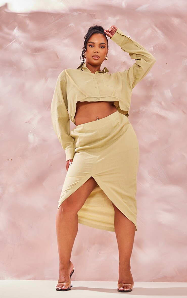 PrettyLittleThing Зеленая льняная юбка миди с разрезом спереди Plus Sage Green 
PrettyLittleThing Зеленая льняная юбка миди с разрезом спереди Plus Sage Green