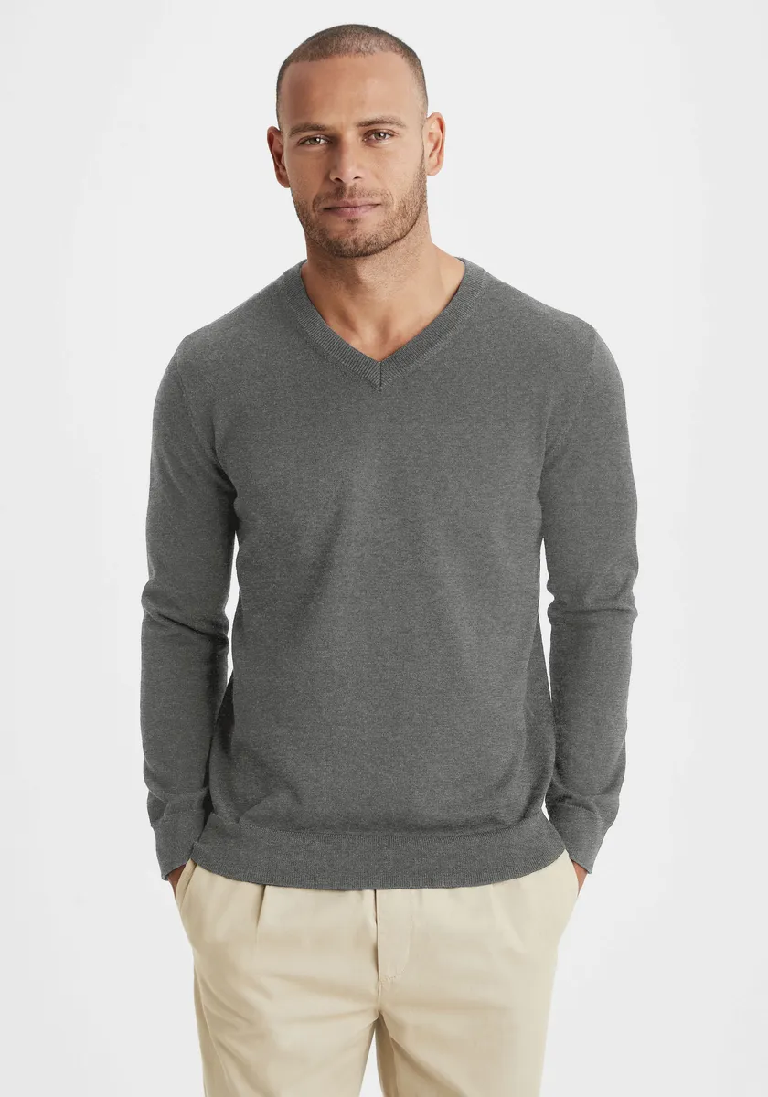 Вязаный свитер H.I.S с V-образным вырезом, свитер тонкой вязки из смесового хлопка, цвет Dunkelgrau-Meliert