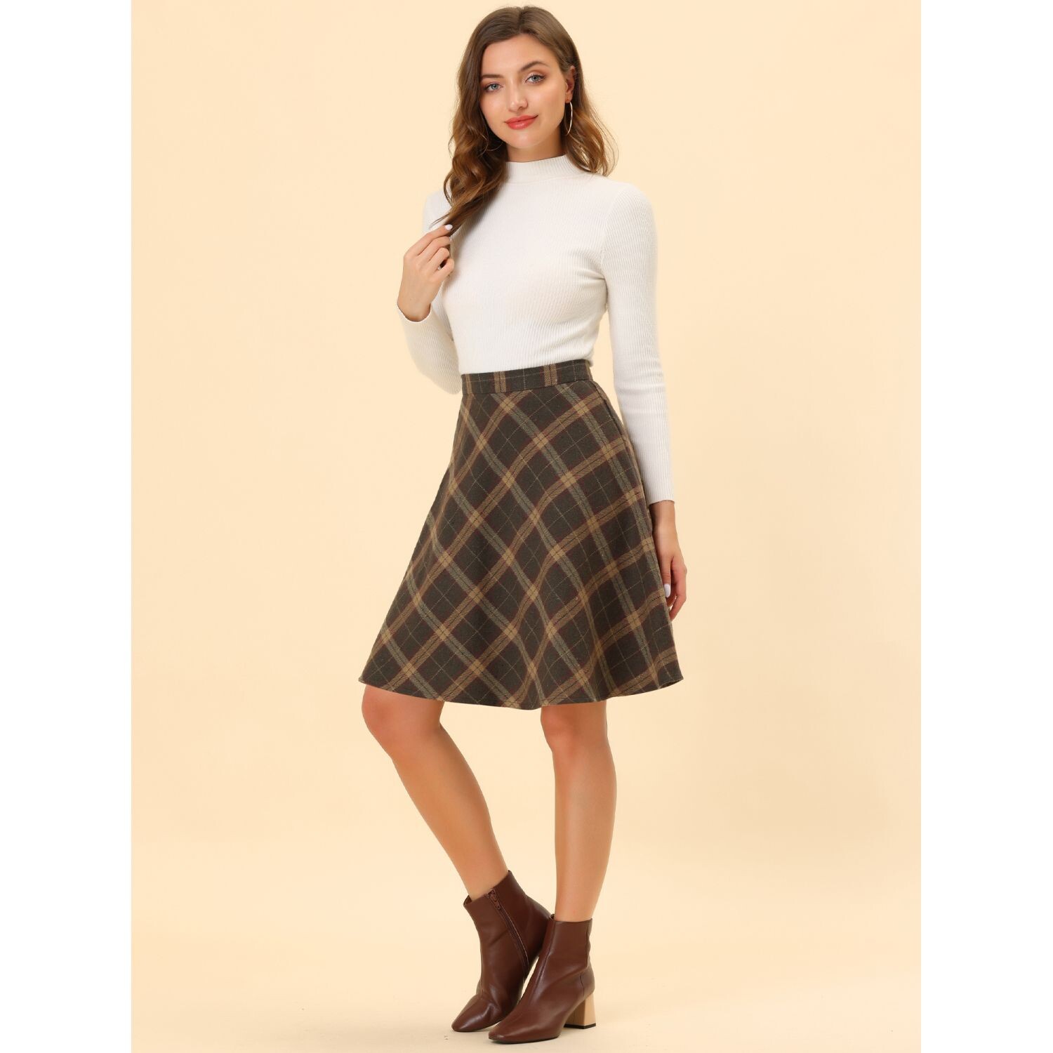 Женская клетчатая эластичная талия длиной до колена камвольная юбка трапециевидной формы ALLEGRA K, черный