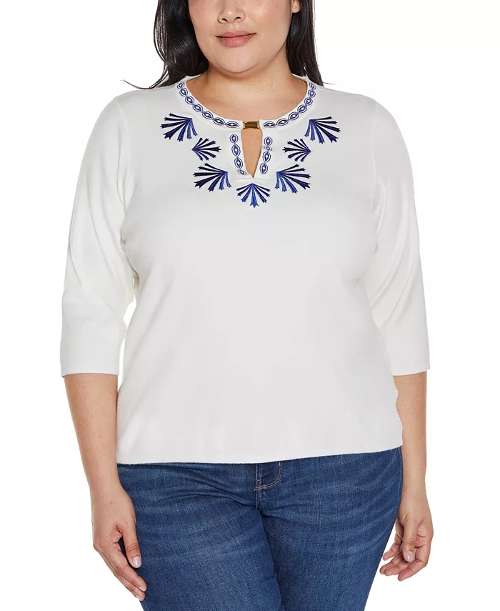 Черный свитер с вышитой этикеткой и разрезом на горловине большого размера Belldini, белый 
Черный свитер с вышитой этикеткой и разрезом на горловине большого размера Belldini, белый