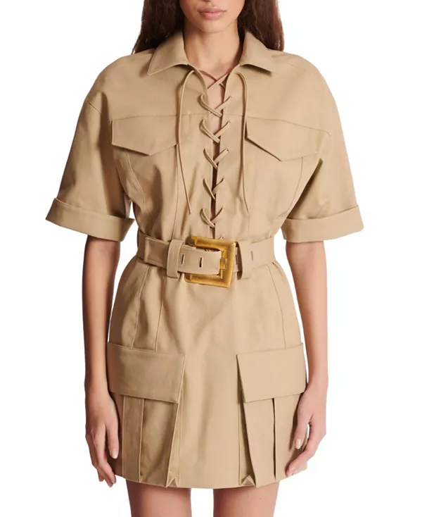 Короткое хлопковое габардиновое платье на шнуровке Balmain, бежевый
Короткое хлопковое габардиновое платье на шнуровке Balmain, бежевый