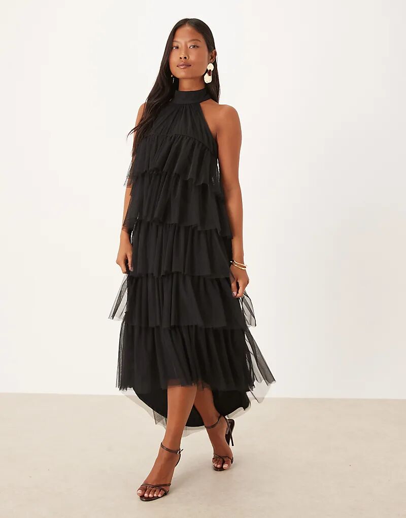 Платье макси из многоярусного тюля с кружевом и бисером, черное, с открытой спиной
Платье макси из многоярусного тюля с кружевом и бисером, черное, с открытой спиной