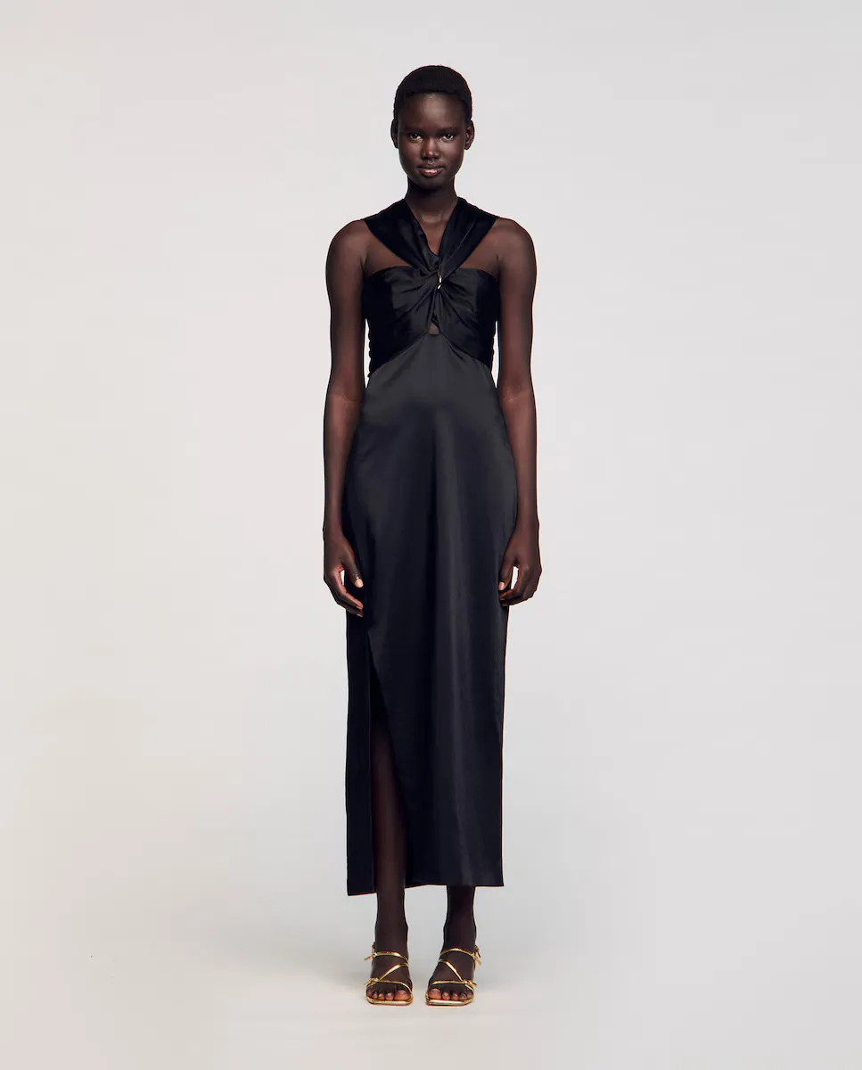 Длинное атласное платье с разрезом Sandro, черный
Длинное атласное платье с разрезом Sandro, черный
