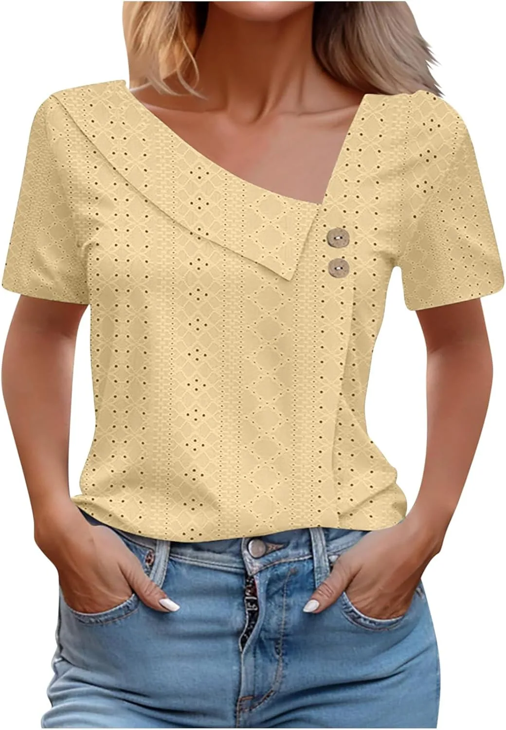 Женская летняя футболка с асимметричным V-вырезом и вышивкой Yihaojia
Женская летняя футболка с асимметричным V-вырезом и вышивкой Yihaojia