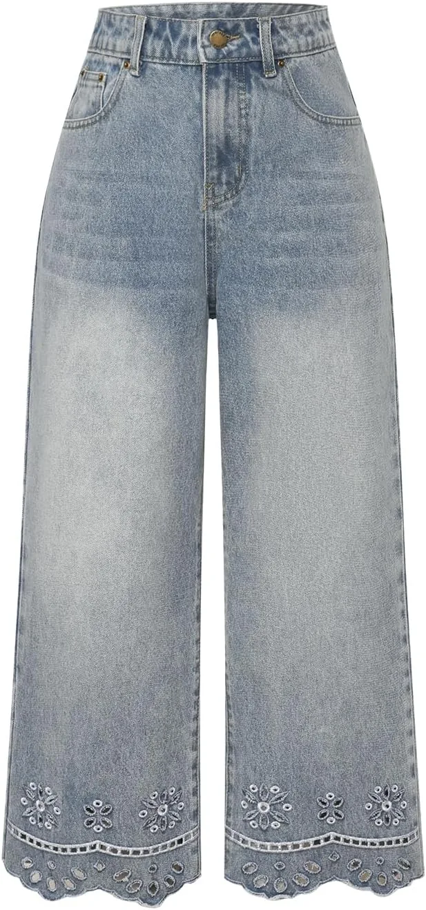 Женские джинсовые брюки кроп с цветочной вышивкой и рюшами
Женские джинсовые брюки кроп с цветочной вышивкой и рюшами