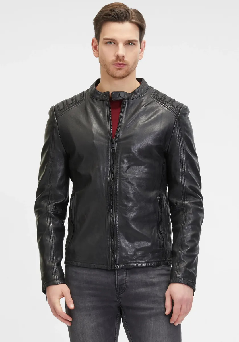 Куртка кожаная цыганская "G2MMagnu SF", на молнии, стежка на плече, воротник стойка Gipsy, черный