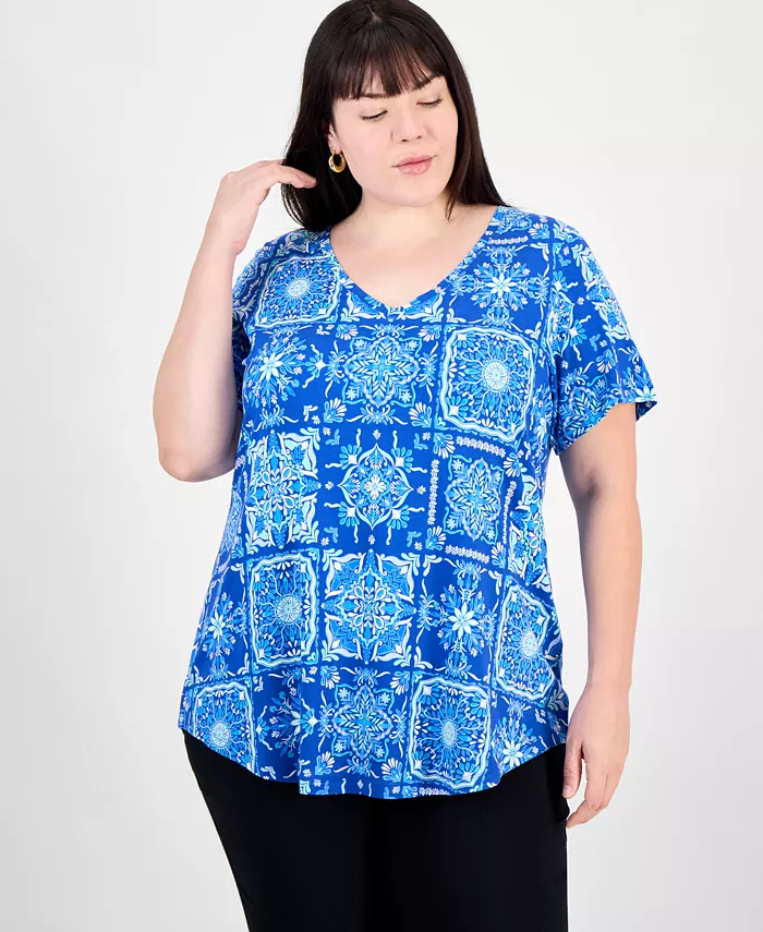 Топ с V-образным вырезом и короткими рукавами больших размеров JM Collection, синий
Топ с V-образным вырезом и короткими рукавами больших размеров JM Collection, синий