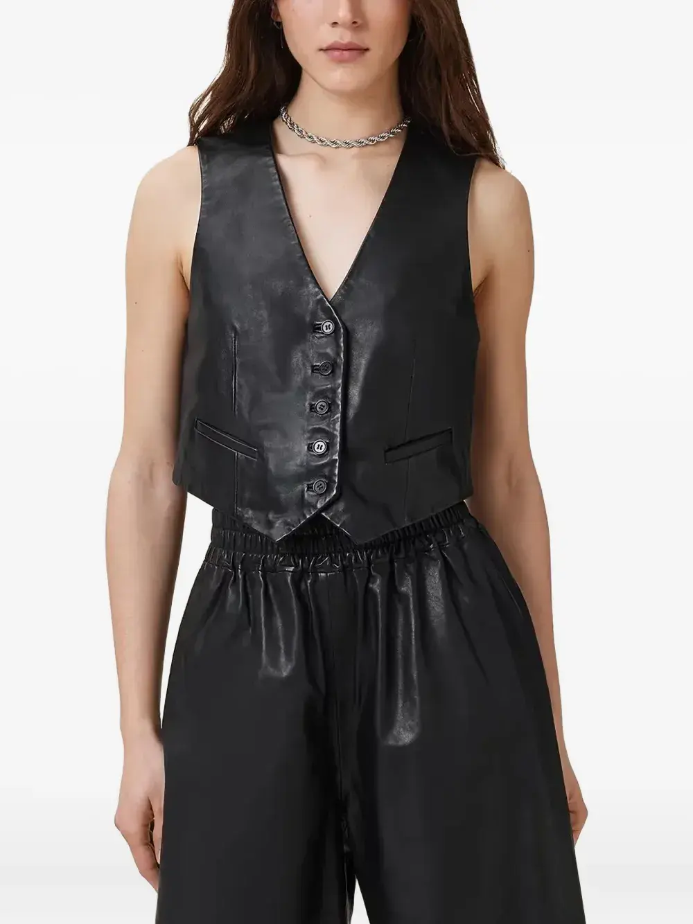 Кожаный жилет на пуговицах AllSaints, черный
Кожаный жилет на пуговицах AllSaints, черный