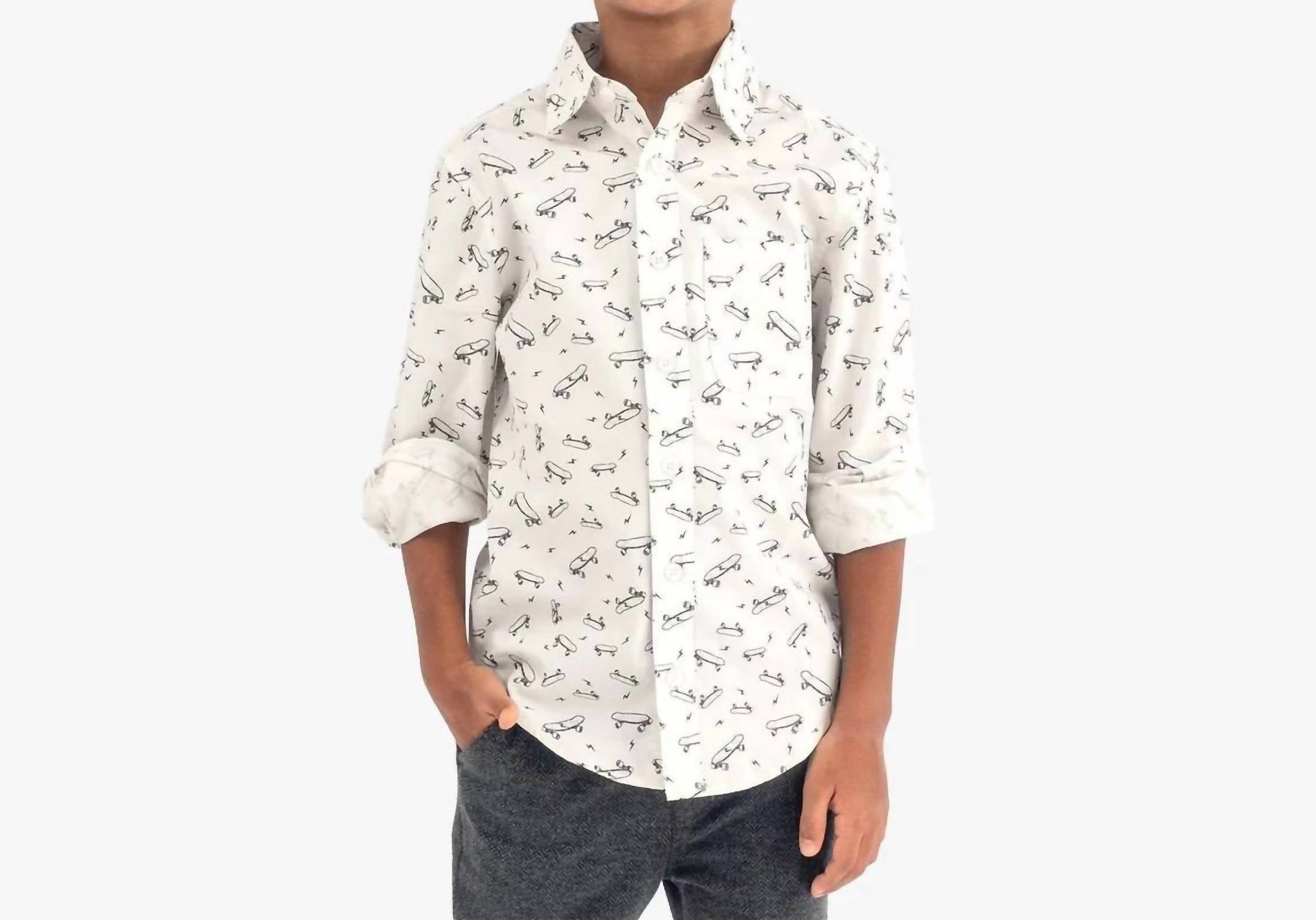 Мальчиковская рубашка на пуговицах в стиле скейтера бело-черная Appaman
Мальчиковская рубашка на пуговицах в стиле скейтера бело-черная Appaman