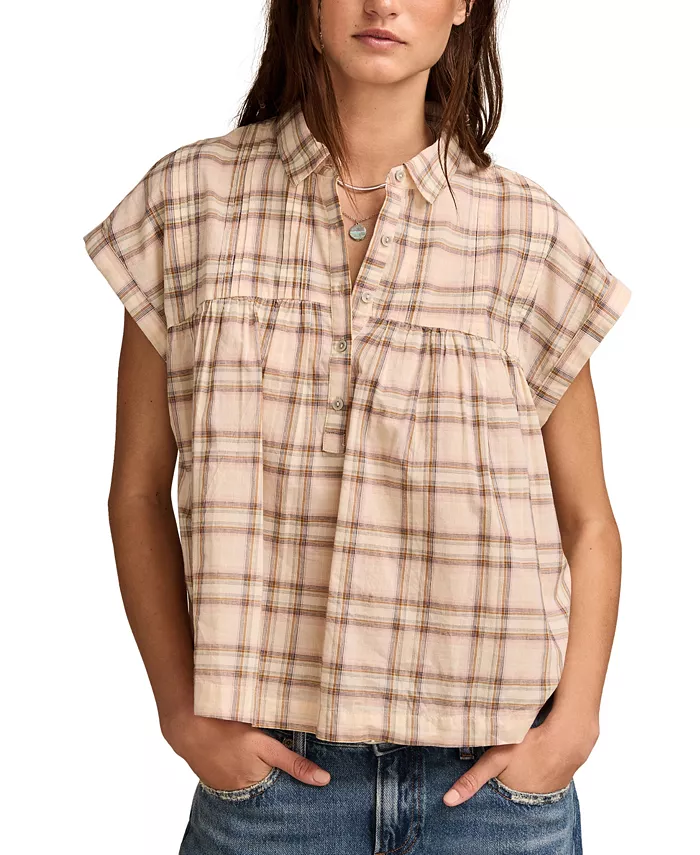 Женская хлопковая клетчатая драпированная туника Lucky Brand, розовый 
Женская хлопковая клетчатая драпированная туника Lucky Brand, розовый