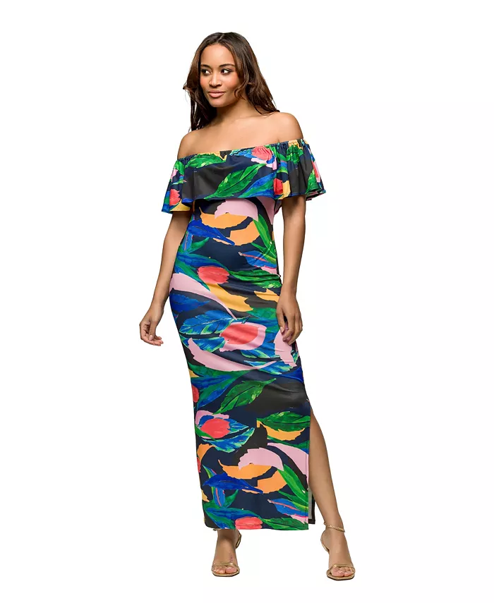 Женское платье макси с открытыми плечами и разноцветным принтом, разрезами по бокам 24seven Comfort Apparel, мультиколор 
Женское платье макси с открытыми плечами и разноцветным принтом, разрезами по бокам 24seven Comfort Apparel, мультиколор