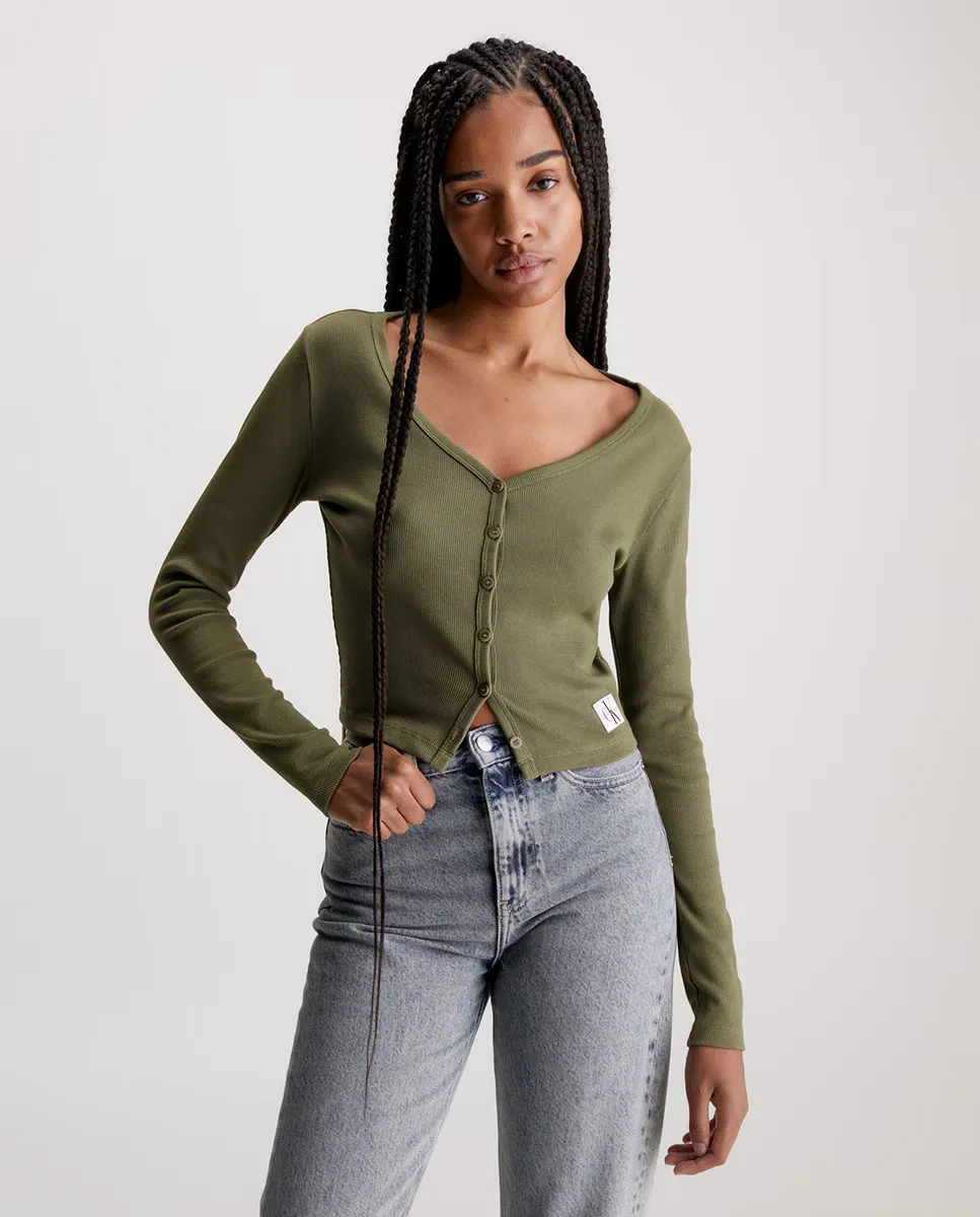 Женский кардиган из хлопка в рубчик со значком Calvin Klein Jeans, цвет Verde Pardo 
Женский кардиган из хлопка в рубчик со значком Calvin Klein Jeans, цвет Verde Pardo