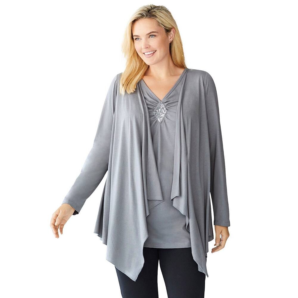 Женщина в женском многослойном длинном топе больших размеров со вставкой из блесток Woman Within, цвет Gunmetal