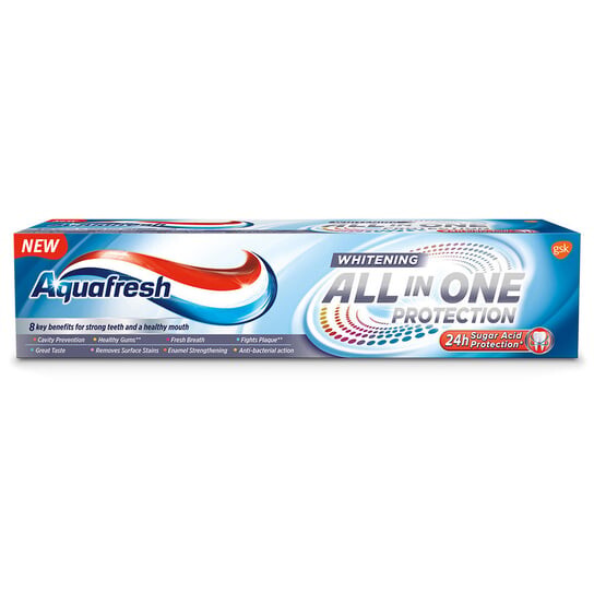 Отбеливающая зубная паста, 100 мл Aquafresh, All In One Protection, GSK
Отбеливающая зубная паста, 100 мл Aquafresh, All In One Protection, GSK