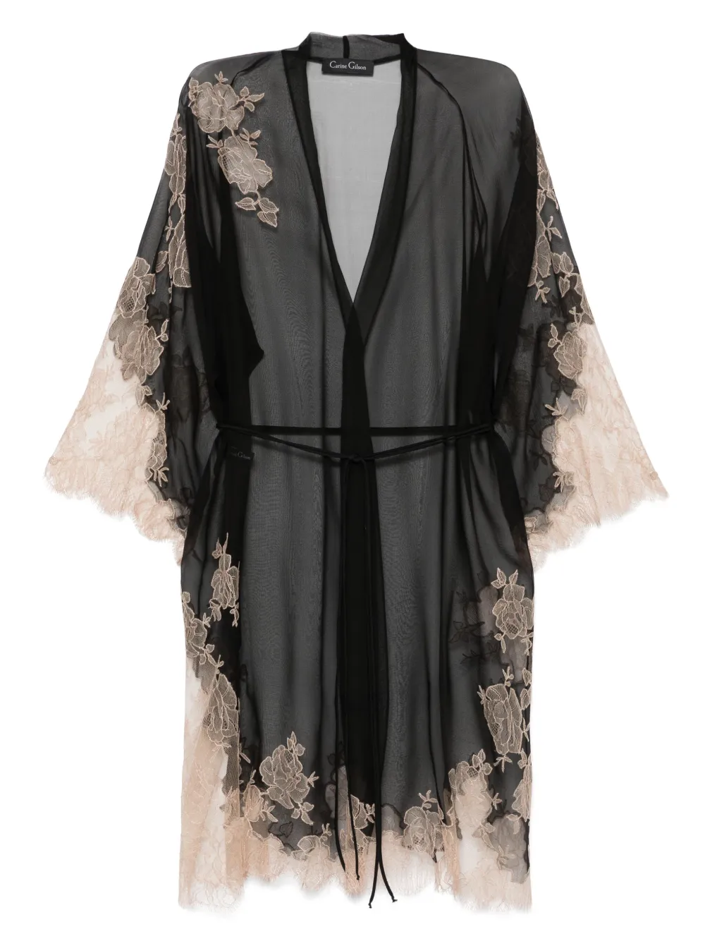 Шелковый халат с кружевом Calais-Caudry Carine Gilson, черный 
Шелковый халат с кружевом Calais-Caudry Carine Gilson, черный