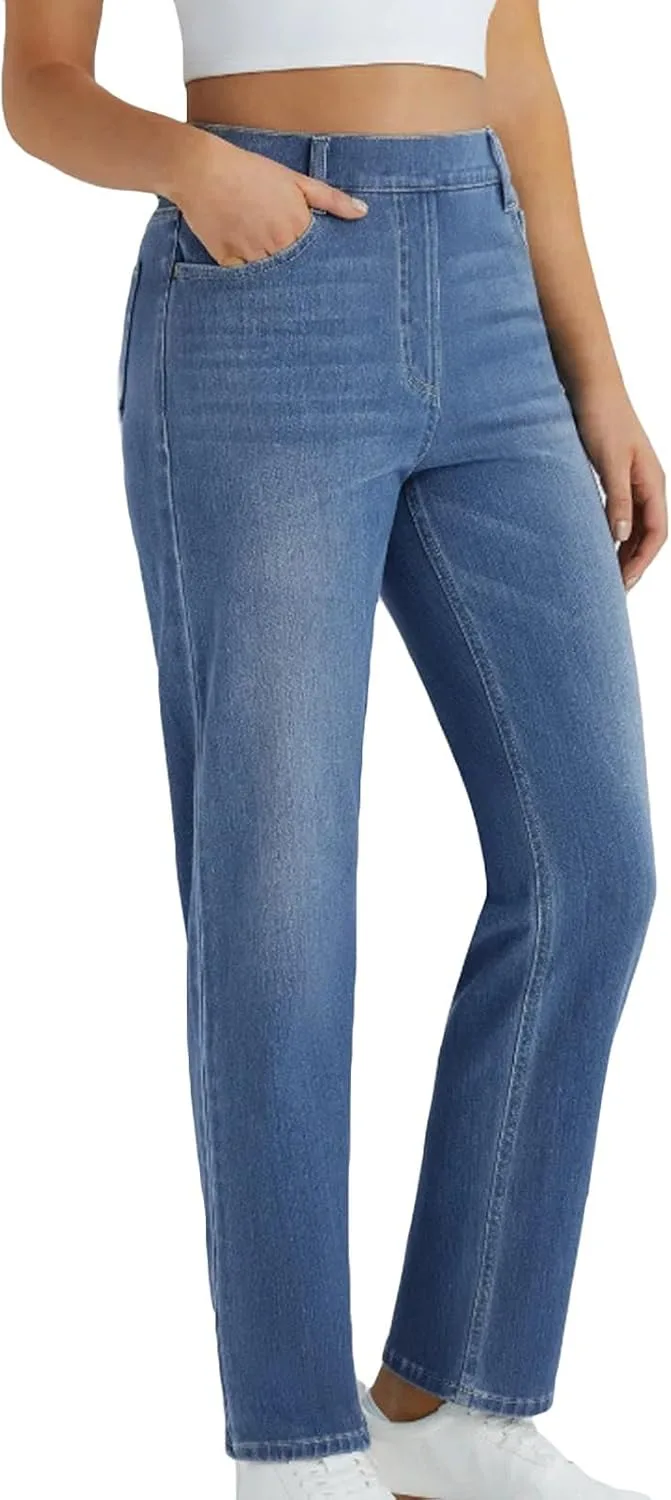 Джинсы с эластичным поясом и прямыми широкими штанинами
Джинсы с эластичным поясом и прямыми широкими штанинами