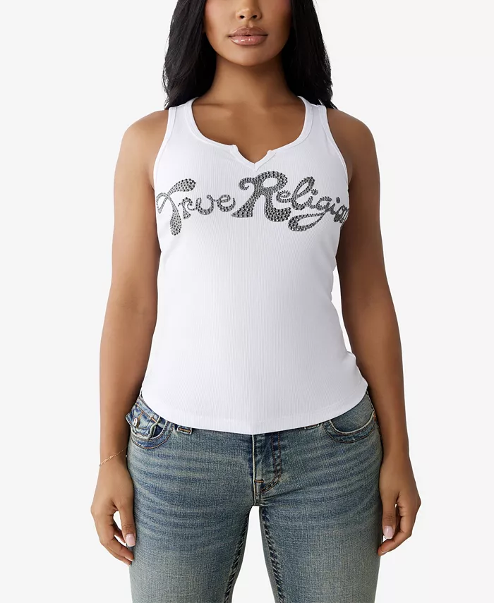 Женский топ с V-образным вырезом и кристаллами в логотипе True Religion, белый 
Женский топ с V-образным вырезом и кристаллами в логотипе True Religion, белый