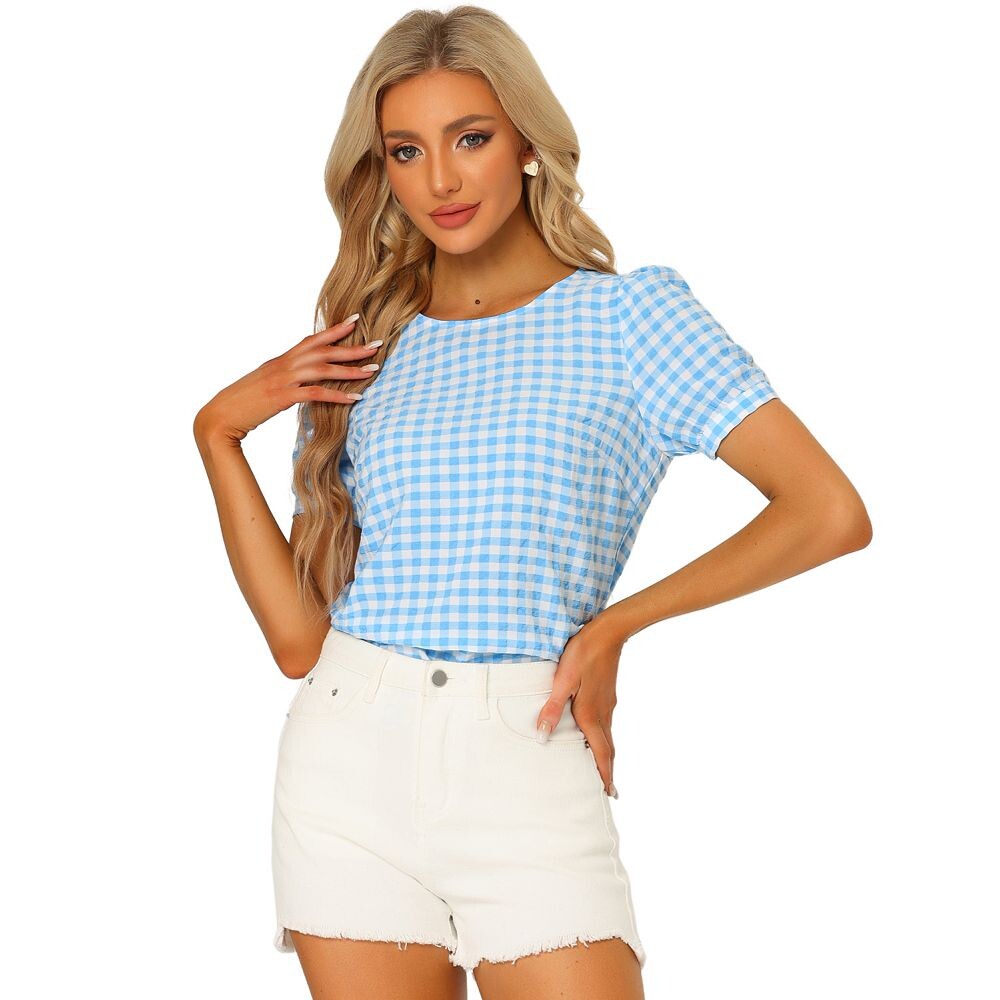 Винтажная блузка для женщин, клетчатые повседневные топы в клетку с круглым вырезом и короткими рукавами ALLEGRA K, цвет Light Blue
Винтажная блузка для женщин, клетчатые повседневные топы в клетку с круглым вырезом и короткими рукавами ALLEGRA K, цвет Light Blue