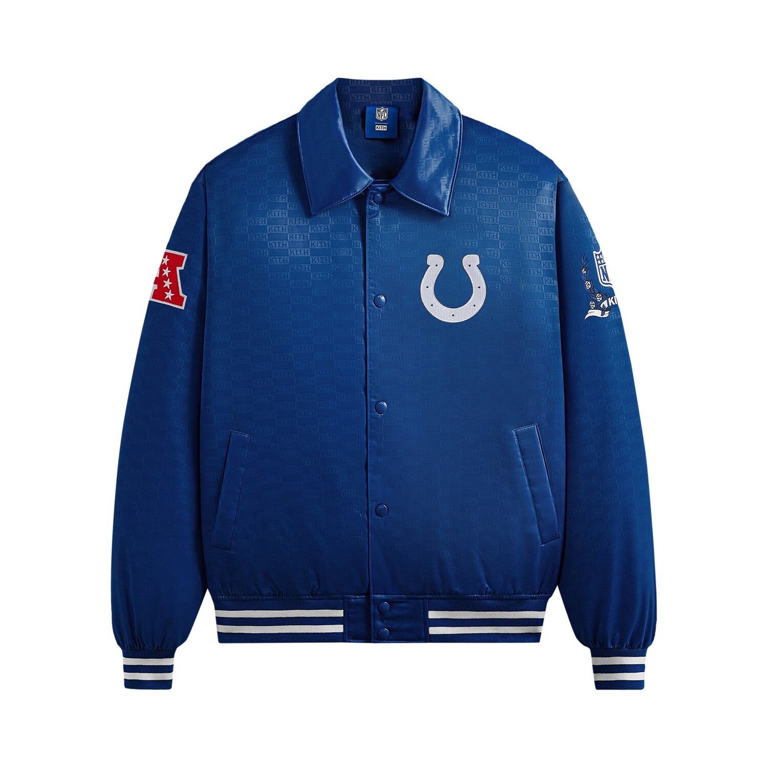 Kith For The NFL: атласный бомбер Colts Entice
Kith For The NFL: атласный бомбер Colts Entice