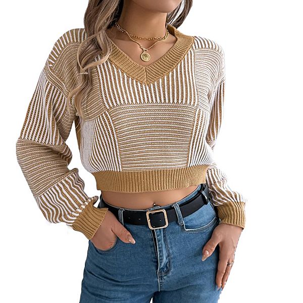 Женский полосатый свитер с буфами на рукавах, укороченный пуловер на резинке Clearflower, Khaki
Женский полосатый свитер с буфами на рукавах, укороченный пуловер на резинке Clearflower, Khaki