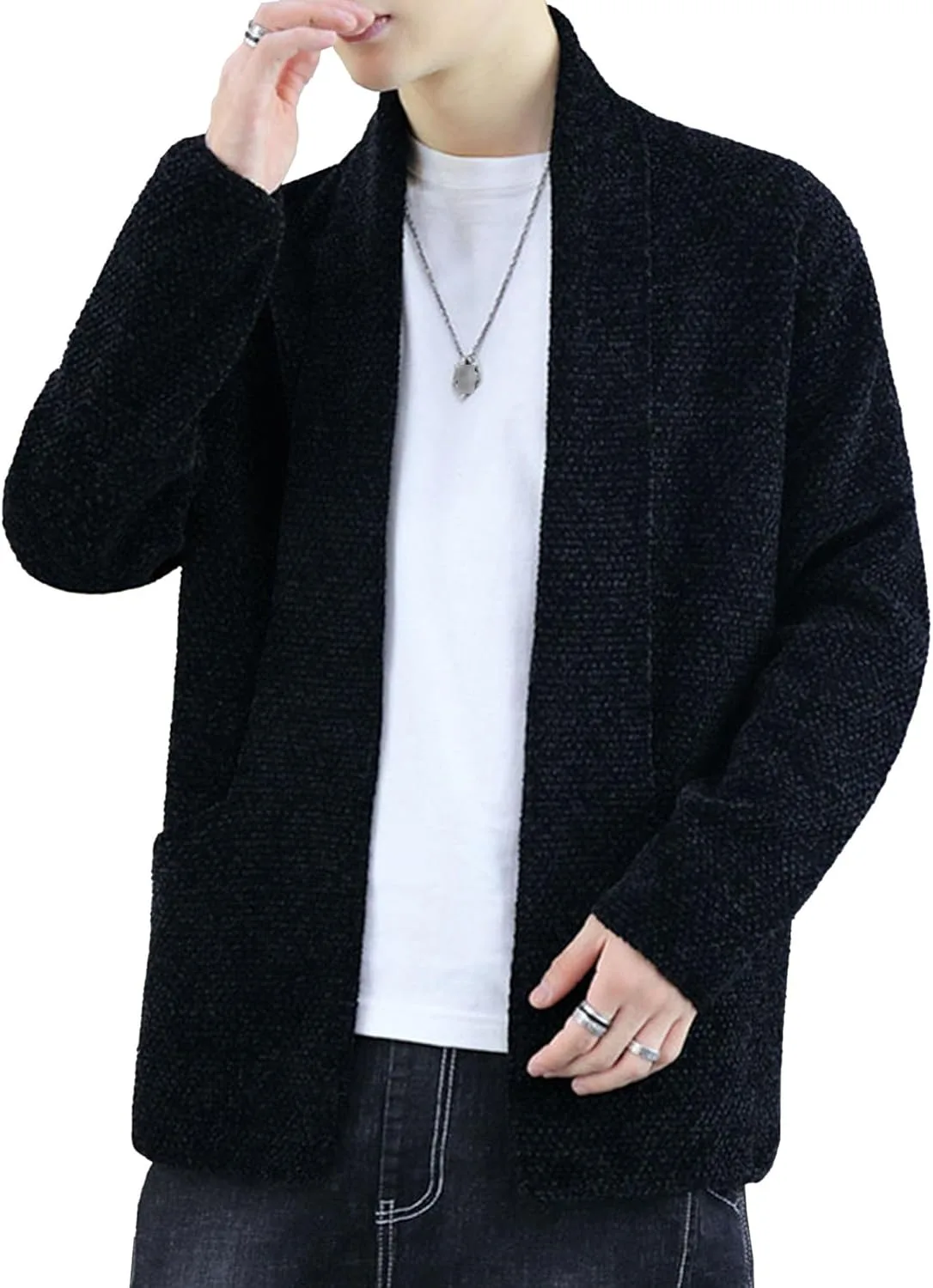 Мужской вязаный кардиган с открытой передней частью и воротником-шалью
Мужской вязаный кардиган с открытой передней частью и воротником-шалью