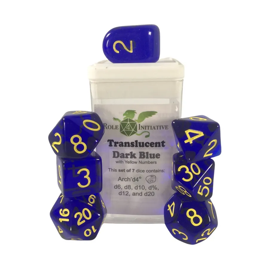 Многогранные игральные кости — полупрозрачные темно-синие с желтым и аркой4 (7), Game Dice - Translucent (Role 4 Initiative)
Многогранные игральные кости — полупрозрачные темно-синие с желтым и аркой4 (7), Game Dice - Translucent (Role 4 Initiative)