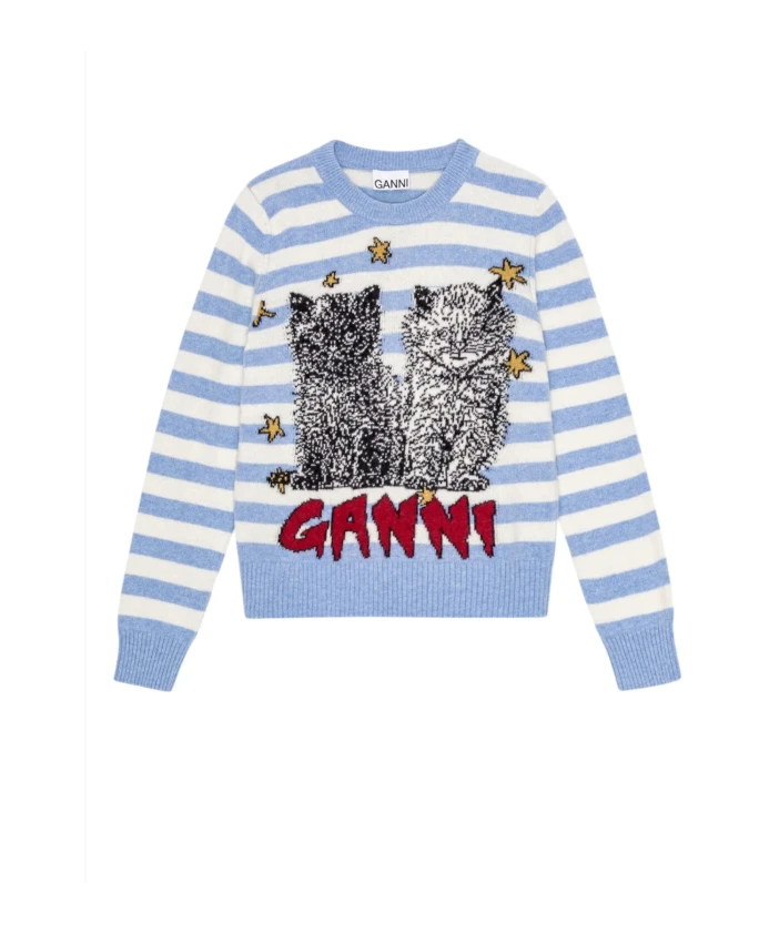 Свитер с круглым вырезом и рисунком полосатой кошки Ganni, синий
Свитер с круглым вырезом и рисунком полосатой кошки Ganni, синий