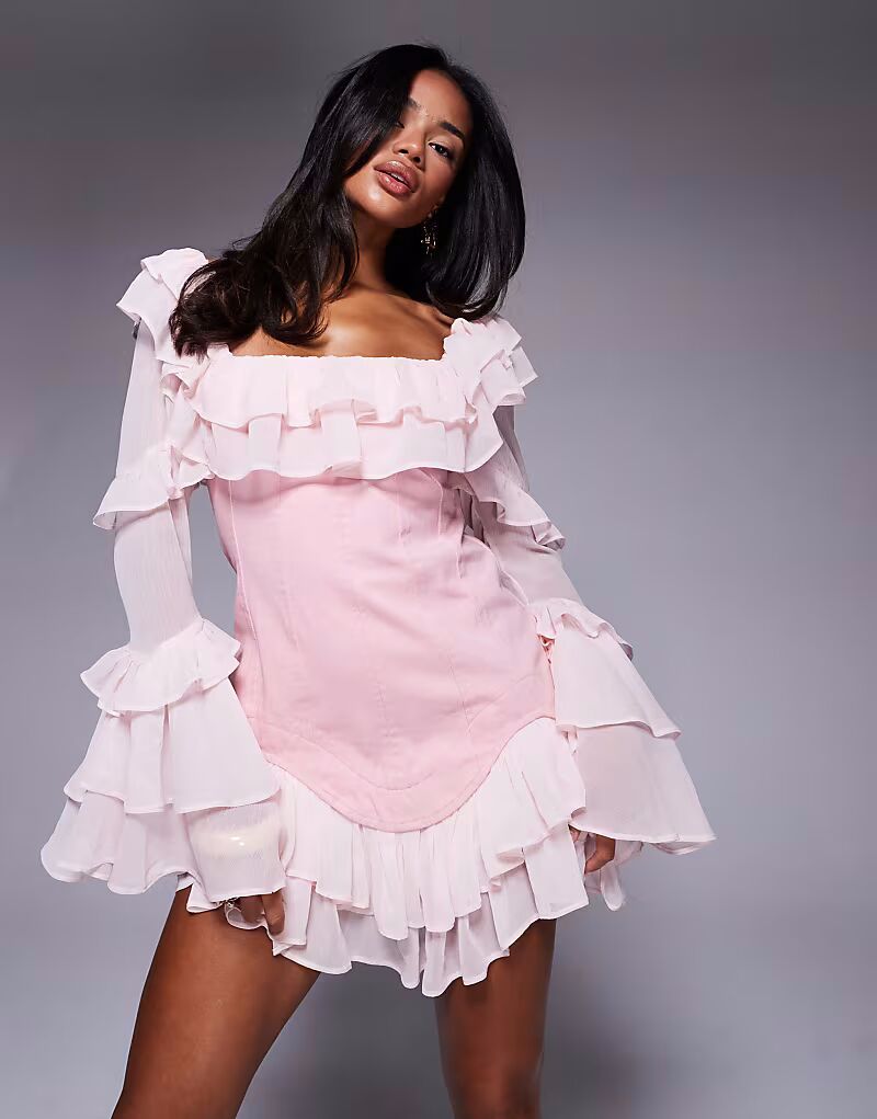 Джинсовое мини-платье-корсет с шифоновыми рукавами и подолом розового цвета Asos Luxe
Джинсовое мини-платье-корсет с шифоновыми рукавами и подолом розового цвета Asos Luxe