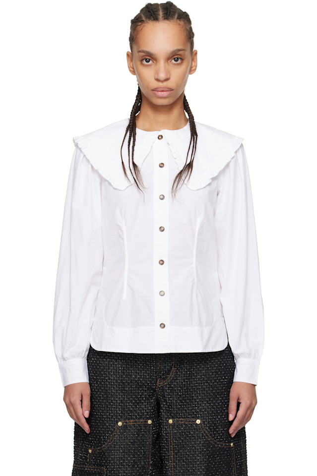 Рубашка из поплина с воротником-рюшем Ganni, белый
Рубашка из поплина с воротником-рюшем Ganni, белый