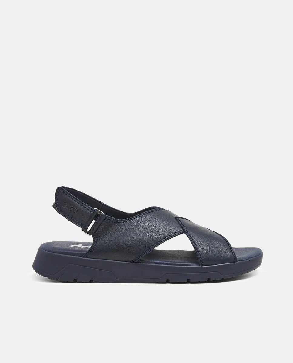 Мужские открытые кожаные босоножки со скрещенными ремешками 24HRS, темно-синий