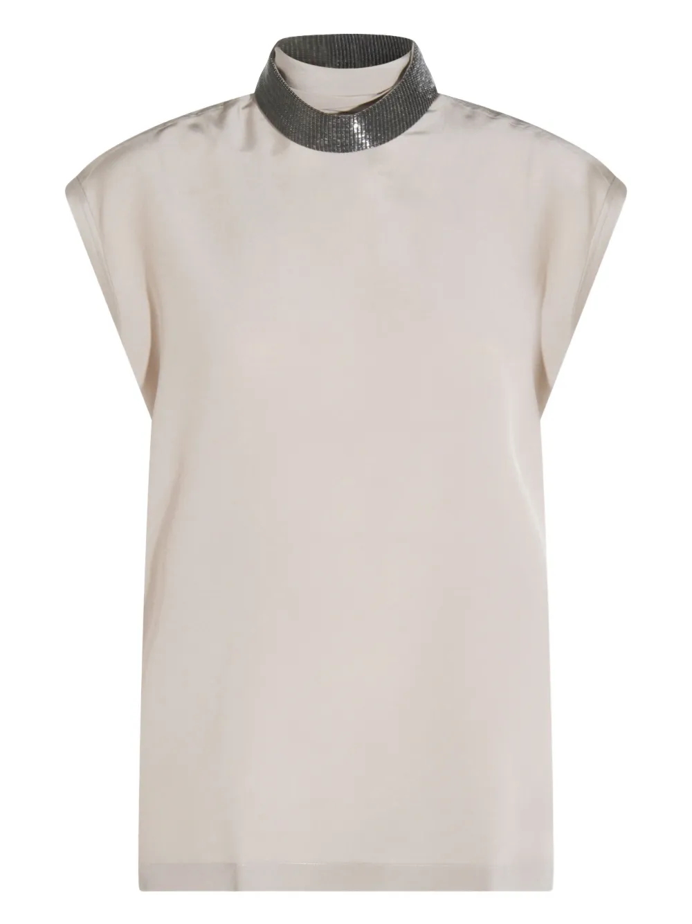 Украшенный топ с высоким воротом Brunello Cucinelli, нейтральный 
Украшенный топ с высоким воротом Brunello Cucinelli, нейтральный