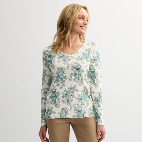 Женская базовая футболка с длинным рукавом и V-образным вырезом Croft & Barrow, цвет cream chic paisley 
Женская базовая футболка с длинным рукавом и V-образным вырезом Croft & Barrow, цвет cream chic paisley