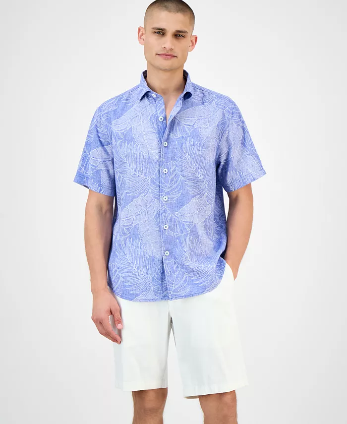 Мужская рубашка из льняной смеси с принтом в виде листьев песка пустыни Tommy Bahama, синий 
Мужская рубашка из льняной смеси с принтом в виде листьев песка пустыни Tommy Bahama, синий