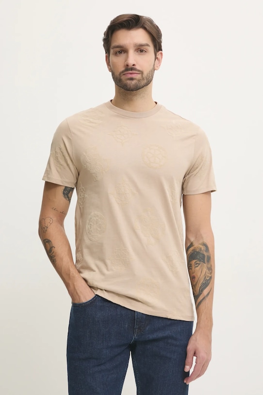 Хлопковая футболка Guess, бежевый 
Хлопковая футболка Guess, бежевый