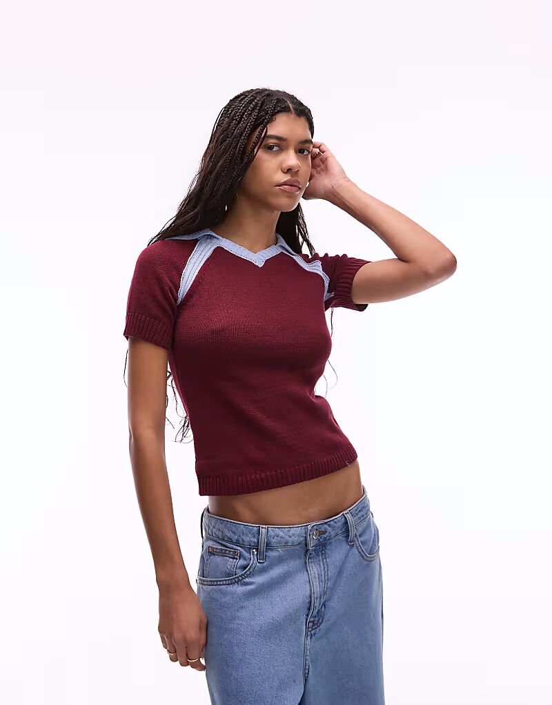 Трикотажное футбольное поло Topshop бордового и синего цветов
Трикотажное футбольное поло Topshop бордового и синего цветов