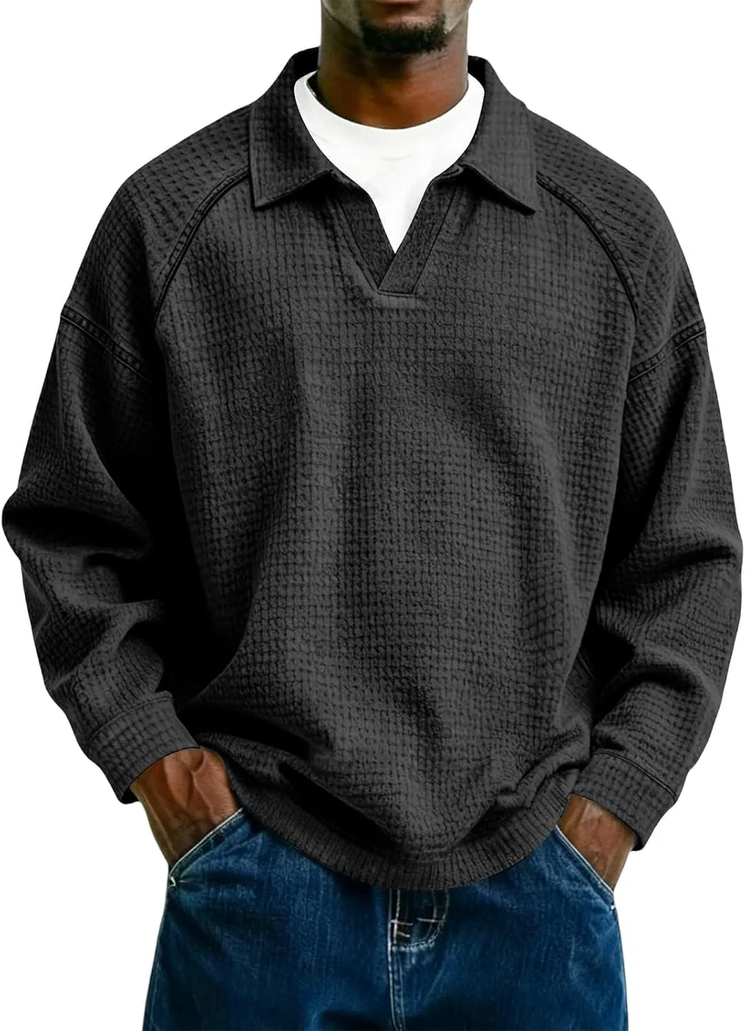 Мужской свитшот с длинным рукавом, V-образным вырезом и воротником-стойкой
Мужской свитшот с длинным рукавом, V-образным вырезом и воротником-стойкой